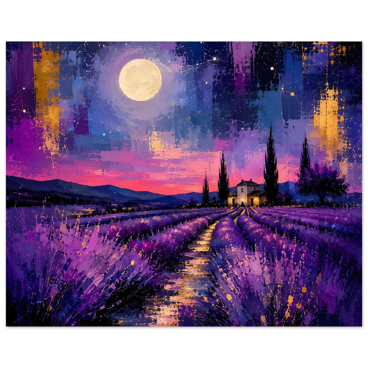 Landhaus-Poster (Querformat) mit Vollmond über lila Lavendelfeld, Pfad und Zypressen