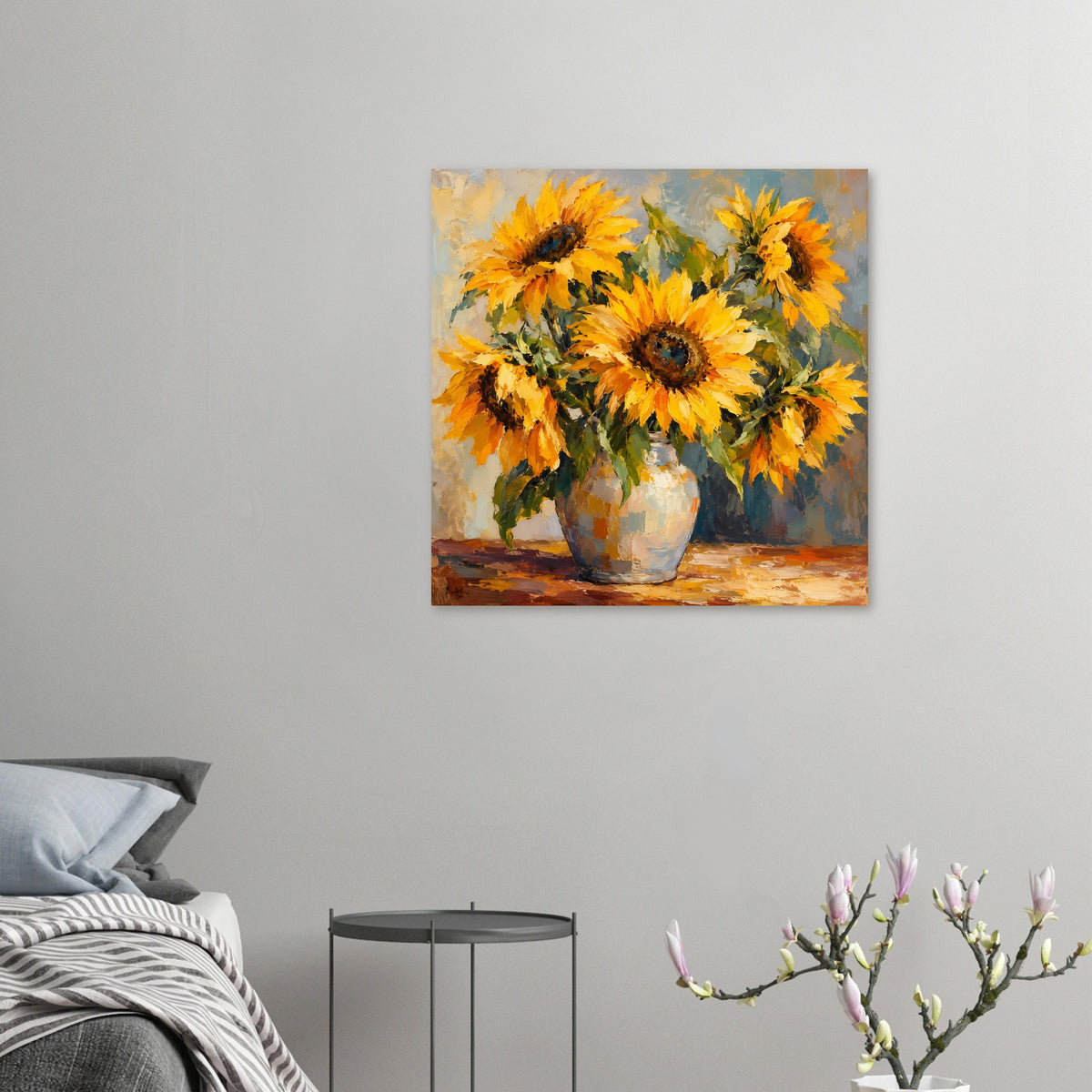 Kleines Poster mit Sonnenblumen-Stillleben: gelbe Blüten in Vase, kompakte Bildkomposition