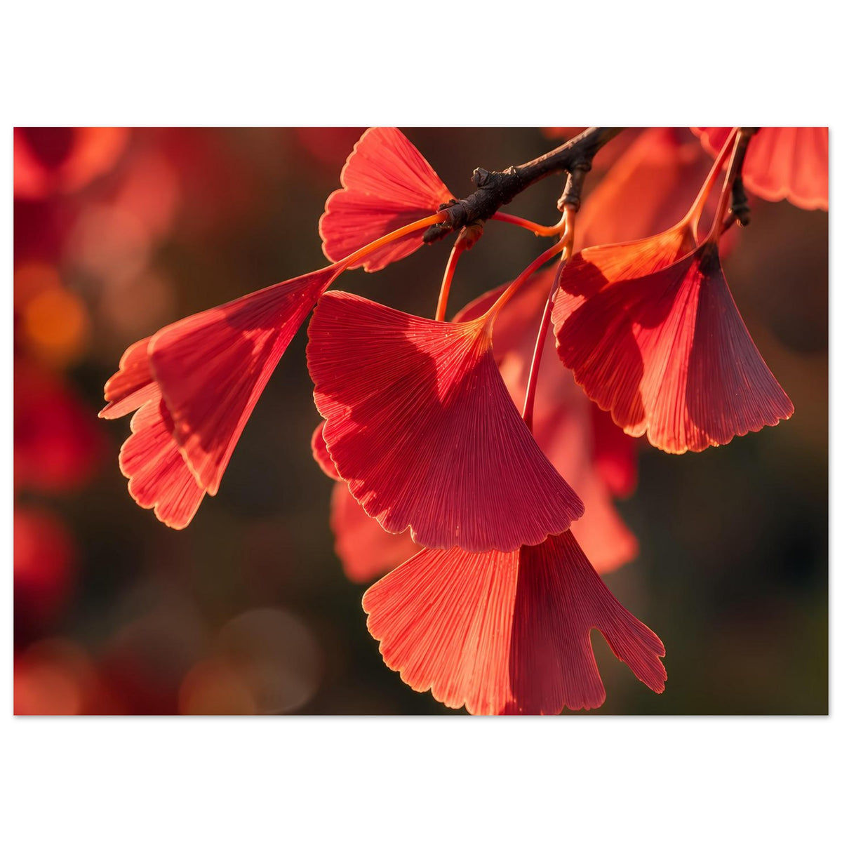 Poster mit roten Ginkgo-Blättern am Zweig, weite Ansicht