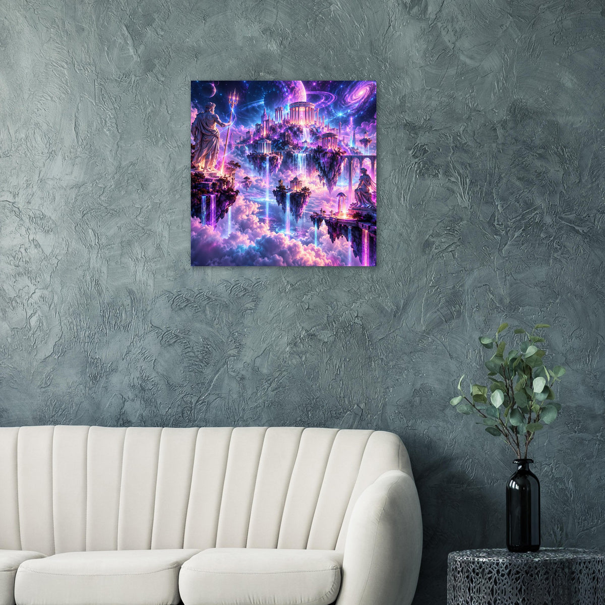 Fantasy-Poster: schwebende Inseln mit Tempeln und Wasserfällen, violette Lichtsäulen