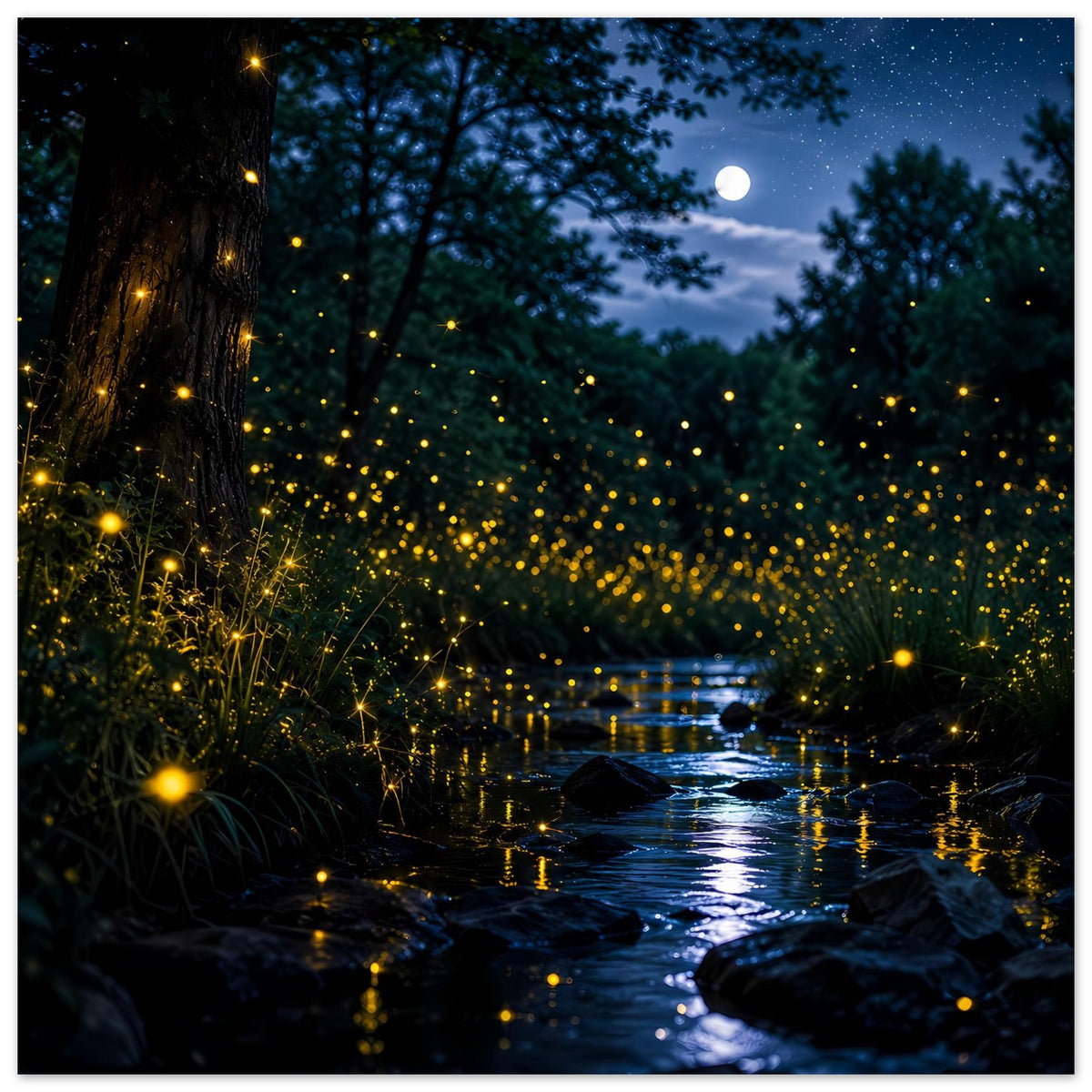 Leuchtendes Feuerfliegen-Nachtposter mit Fluss, Mondlicht und goldenen Lichtpunkten