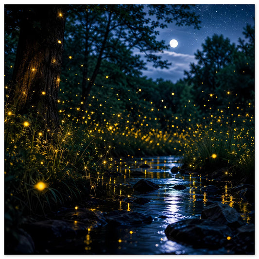 Leuchtendes Feuerfliegen-Nachtposter mit Fluss, Mondlicht und goldenen Lichtpunkten