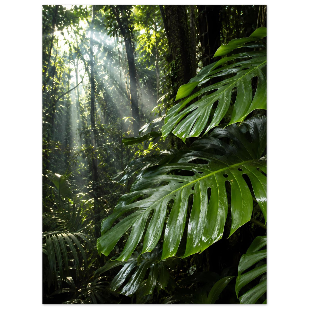 Vertikales Dschungel-Poster, seitlicher Blick auf Monstera-Blätter im dichten Wald