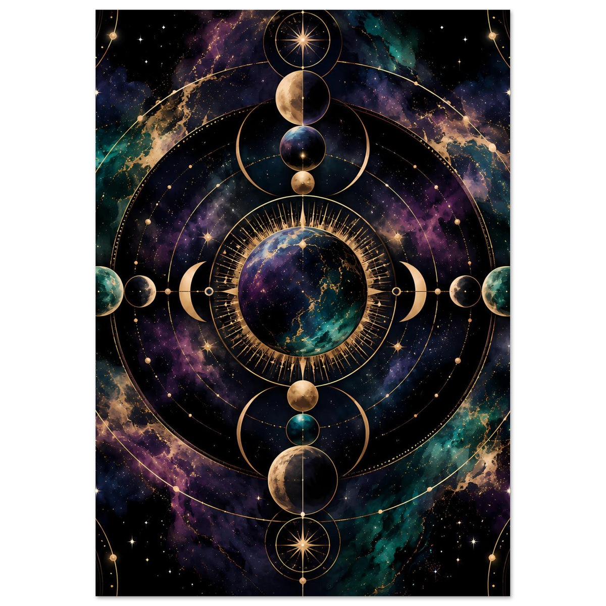 Poster mit dunklem Sternenhintergrund, goldenen Ringen und farbigem Planetenmedaillon
