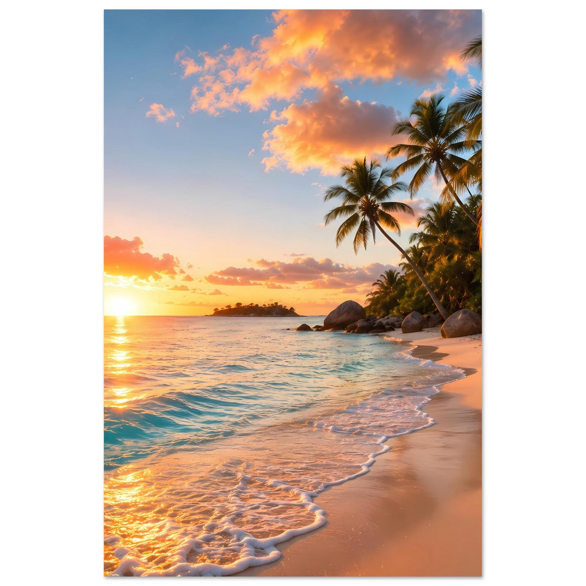 Poster mit tropischem Strand bei Sonnenuntergang, Palmen und Wellen am Ufer
