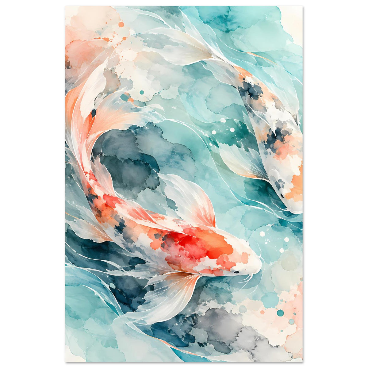Hochformatiges Poster mit zwei Koi-Fischen, Aquarell türkis, orange, grau und Tupfern