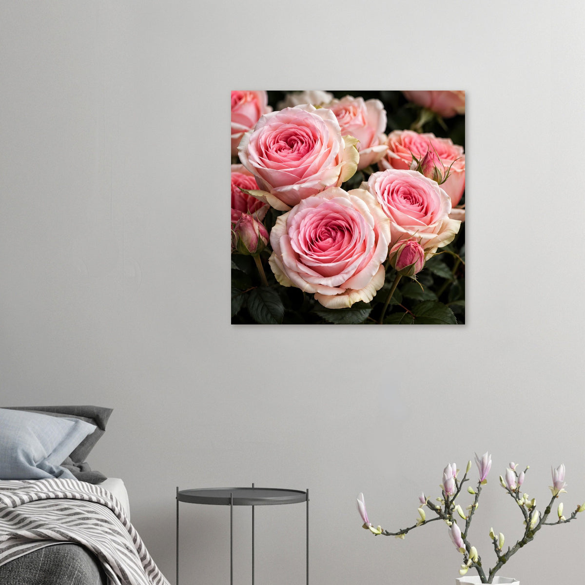 Quadratisches Rosen-Fine-Art-Poster mit rosa-weißen Rosenblüten und Knospen