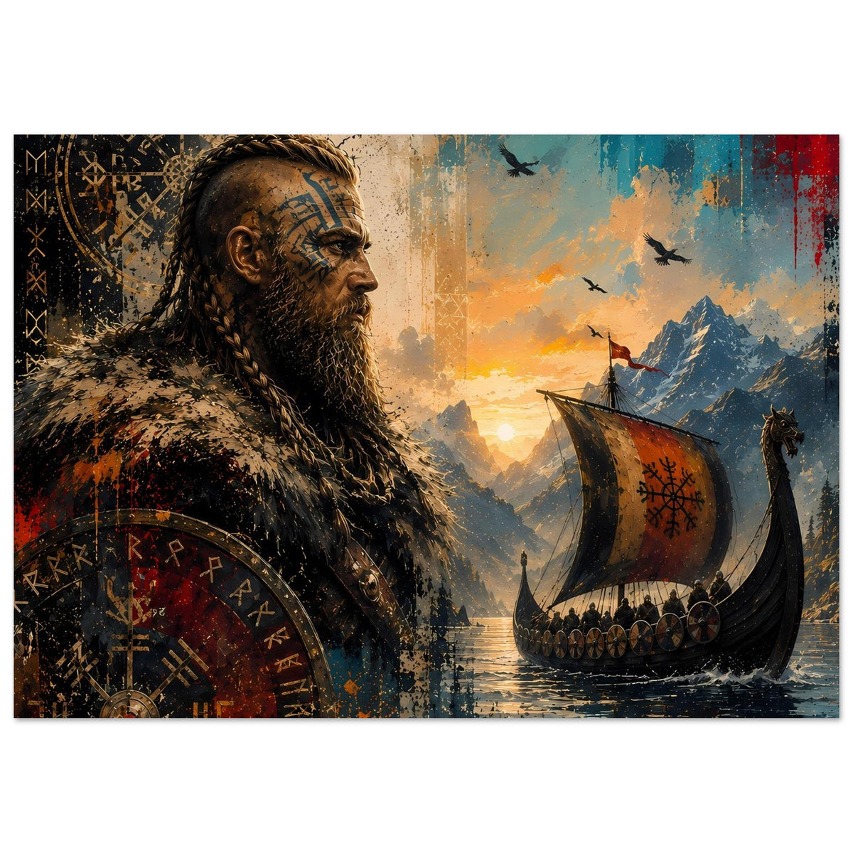 Saga-Poster: Wikingerkrieger im Profil mit Rundschild, Langschiff auf dem Meer, Runen