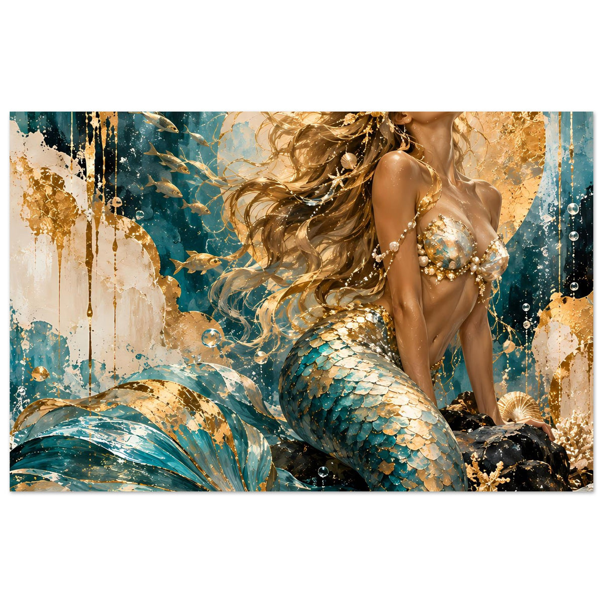 Meerjungfrau-Premiumposter mit goldenen Schmuckdetails, türkis-schuppenartigem Schwanz und Fächerflossen.