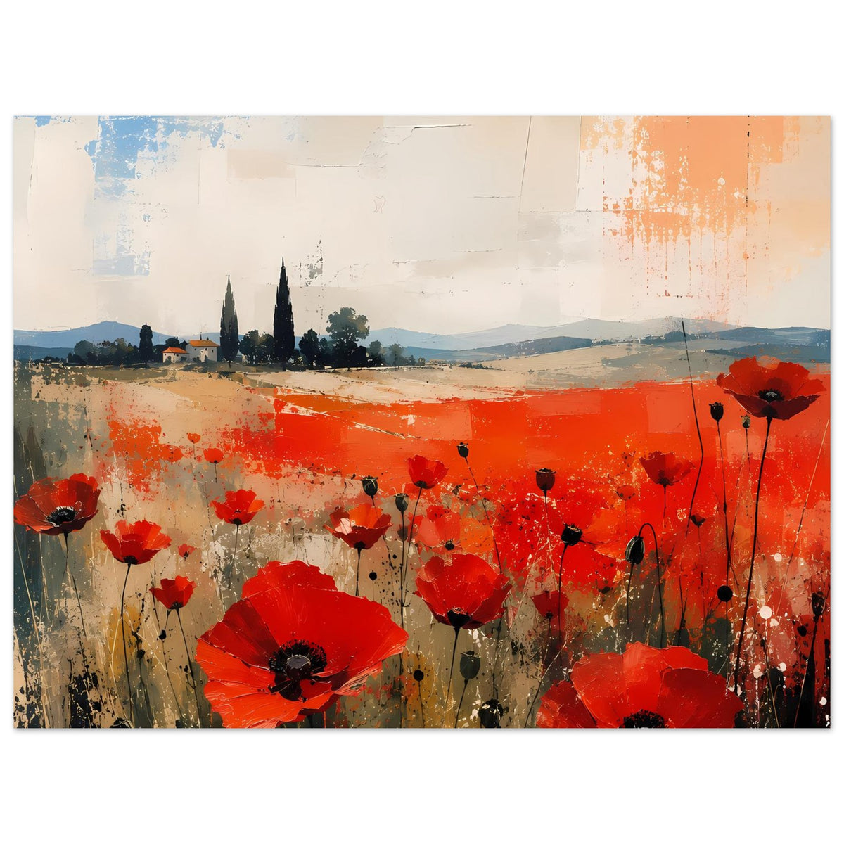 Poster mit abstraktem Mohnblumenfeld, leuchtend rote Blüten und orangefarbene Landbahn