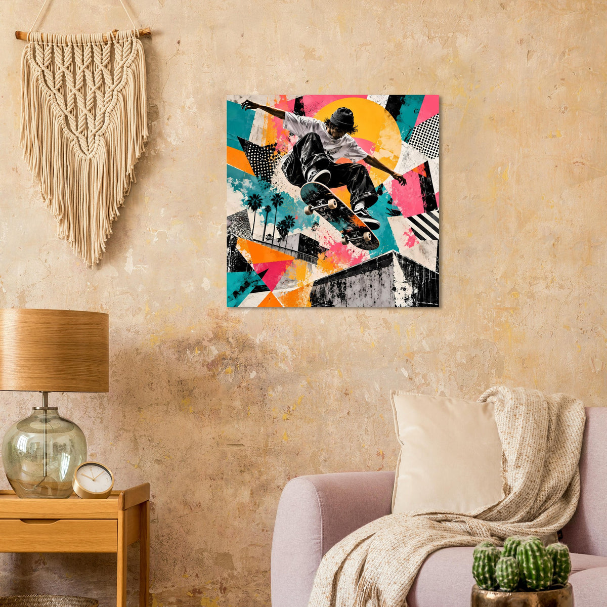 Street-Art-Poster mit Skateboarder und abstrakten bunten Farbfeldern