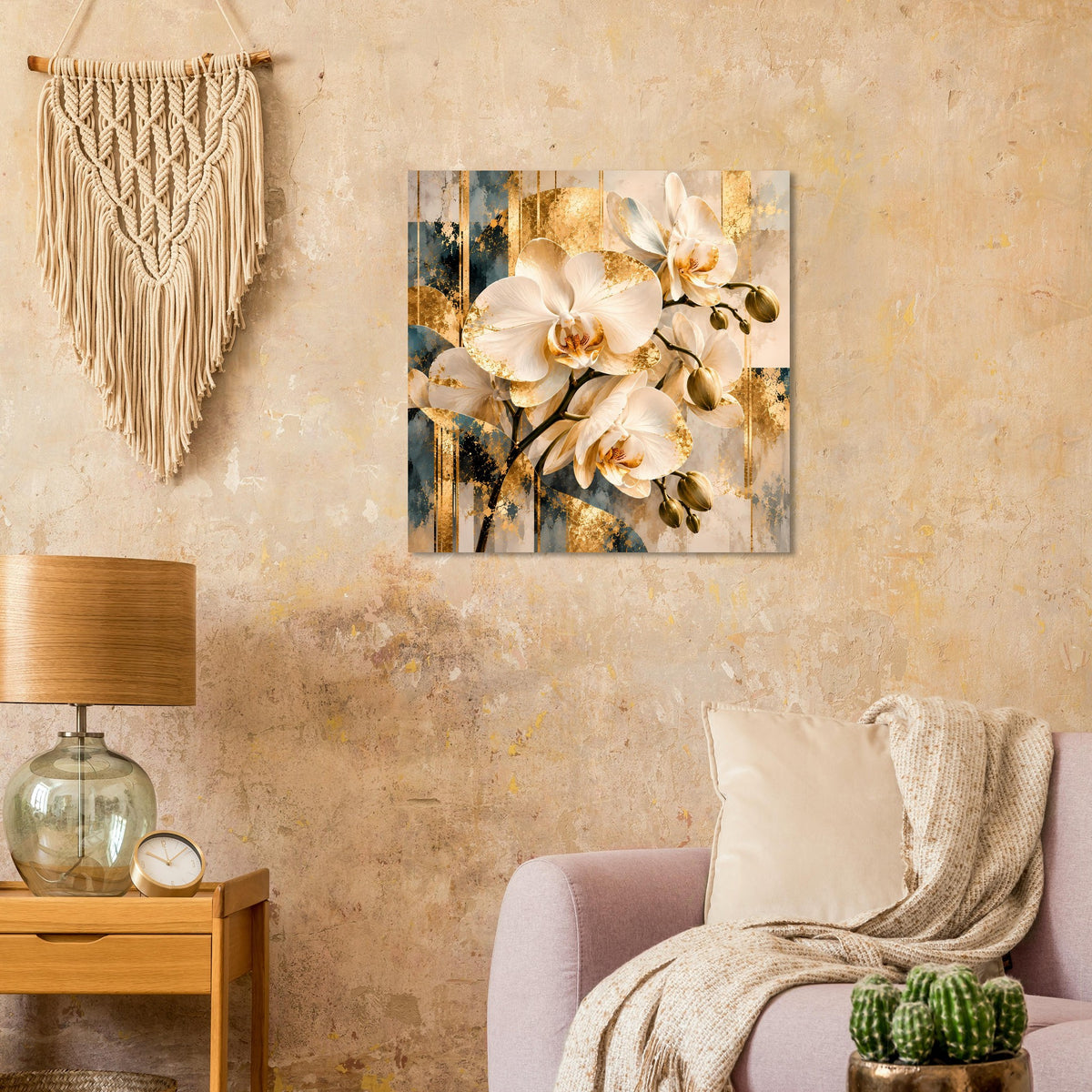 Orchideen-Poster: weiße Orchideenblüten mit gold schimmernden Details im quadratischen Motiv