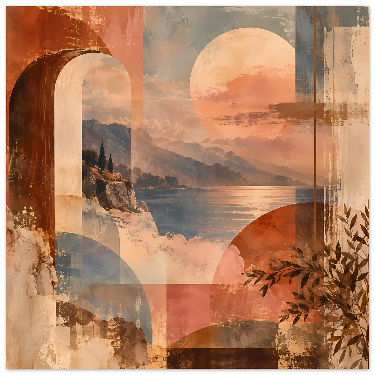 Landschaftsposter mit abstrakter Küste, Sonnenuntergang, Meer, Bögen und Blättern in warmen Erdtönen.