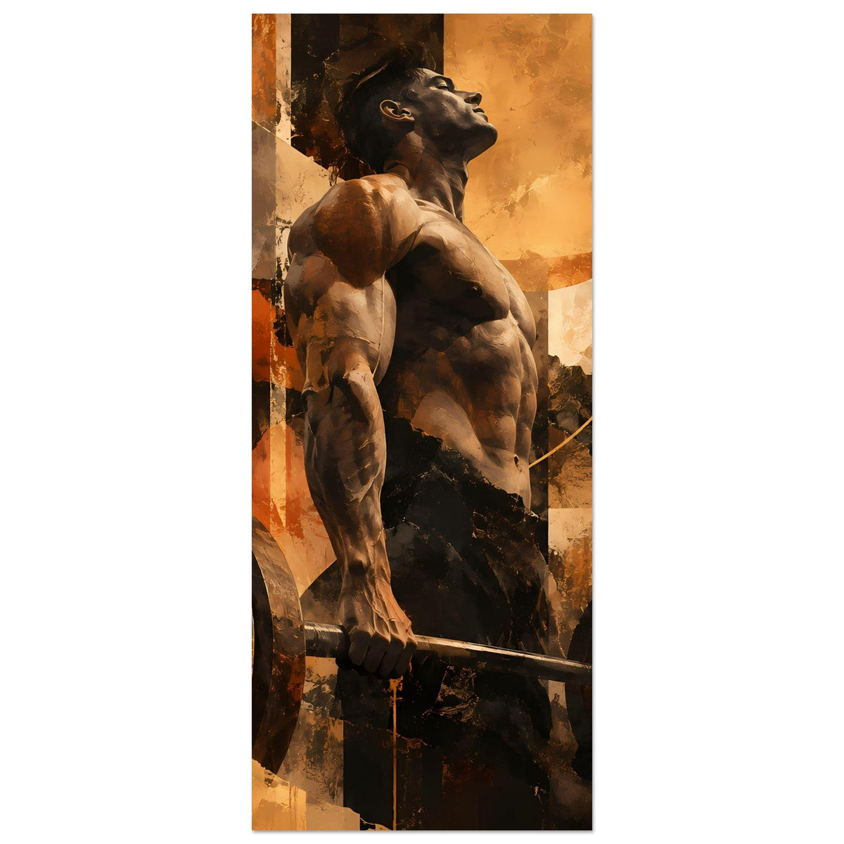 Vertikales Fitness-Art-Poster mit muskulösem Hund und Hantelstange, warme Erdtöne