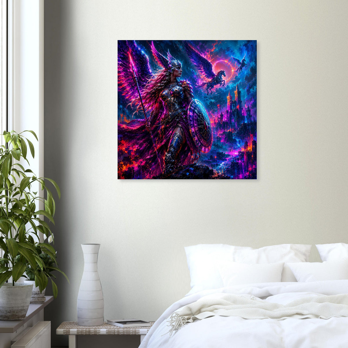 Quadratisches Fantasy-Poster mit Valkyrie-Kriegerin in bedrohlicher Pose vor farbigen Lichtwolken