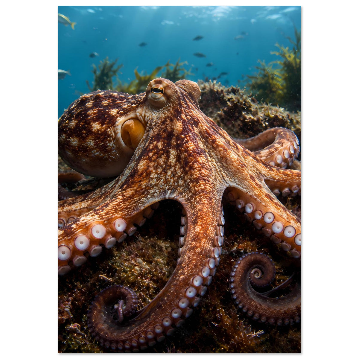 Oktopus-Poster: großer brauner Oktopus mit gerundeten Saugnäpfen auf Unterwasserboden