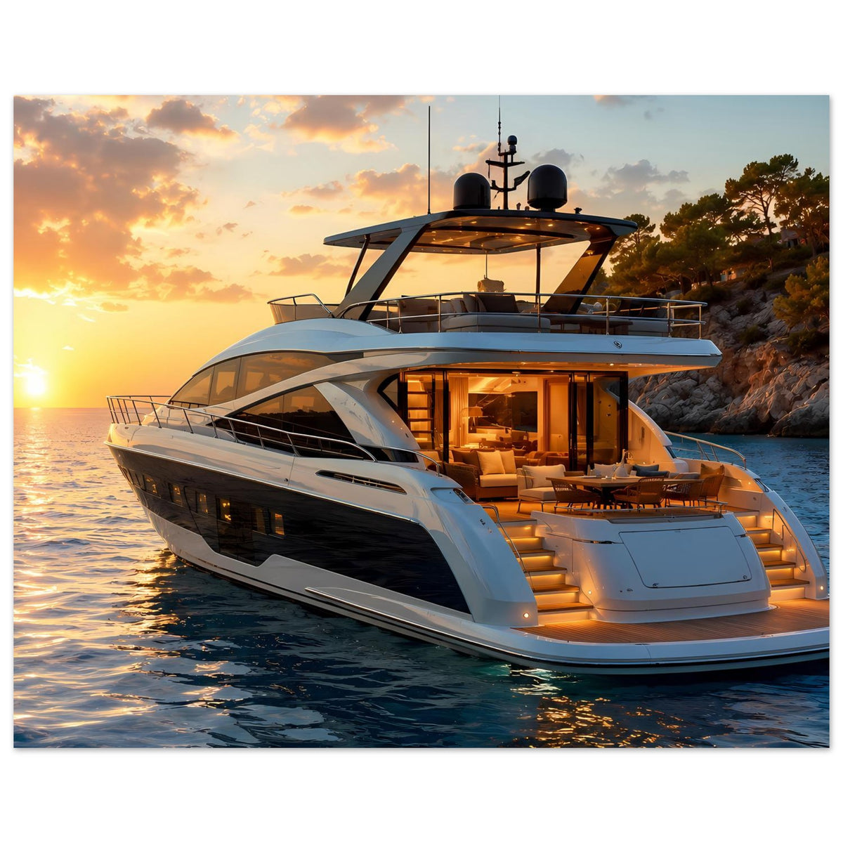 Poster zeigt weiße Motoryacht mit offener Lounge, Lichterkette und Sitzbereich