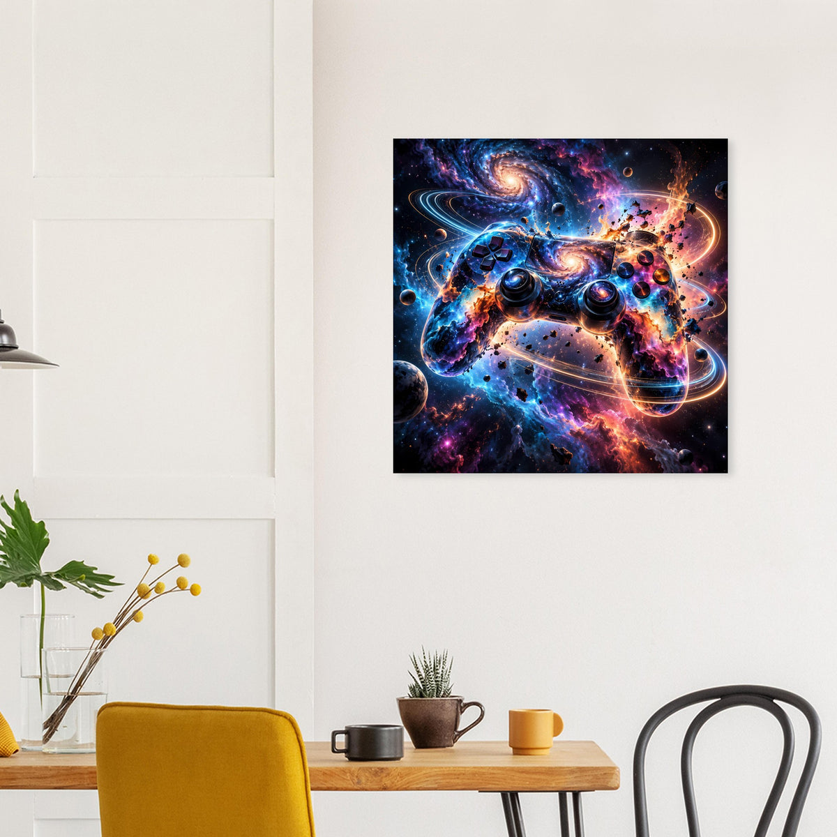 Quadratisches Poster mit Galaxie-Gaming-Controller, blaues Leuchten, orange Funken und violette Wolken