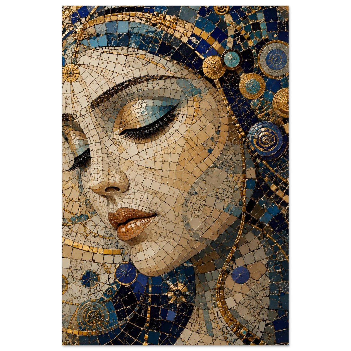 Poster mit Mosaik-Porträt, Gesicht mit geschlossenen Lippen, goldene Kreise und Blauanteile
