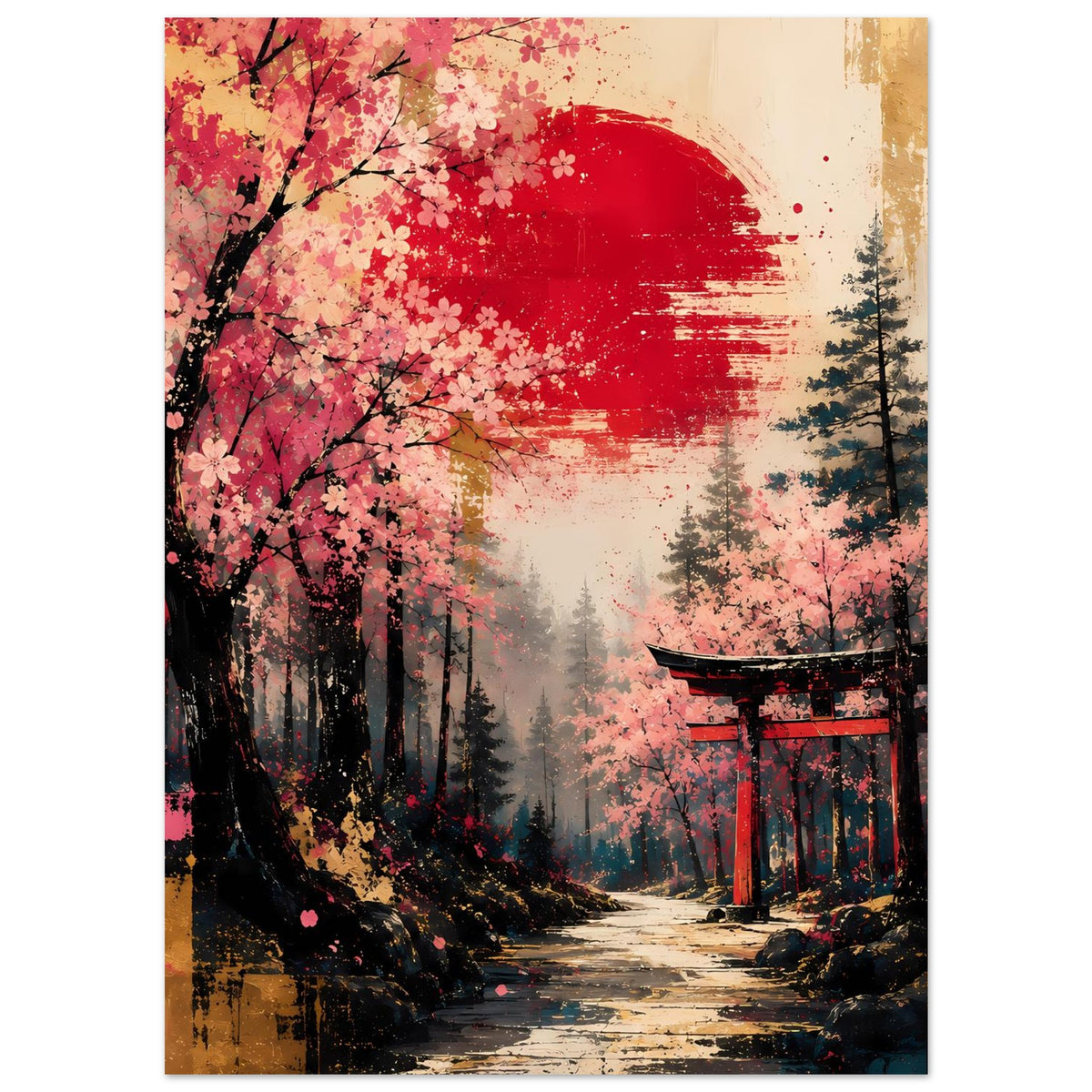 Poster im Hochformat mit Kirschblüten und Torii, gedämpfte Wälder und roter Hintergrund