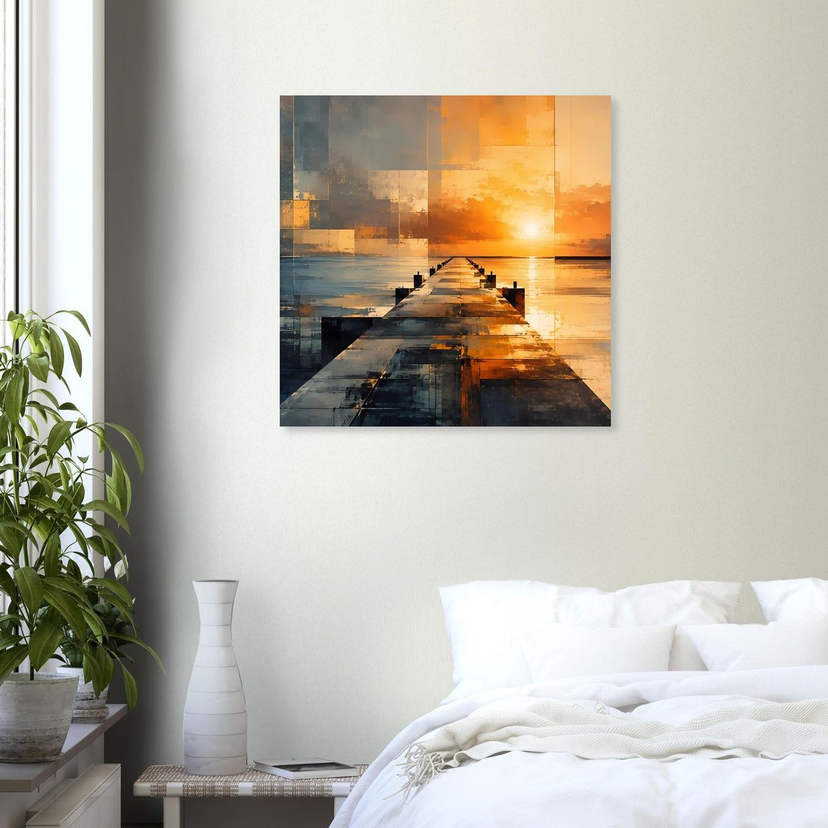 Wandposter: abstrakter Pier bei Sonnenuntergang, Sonne über dem Meer, geometrische Blöcke