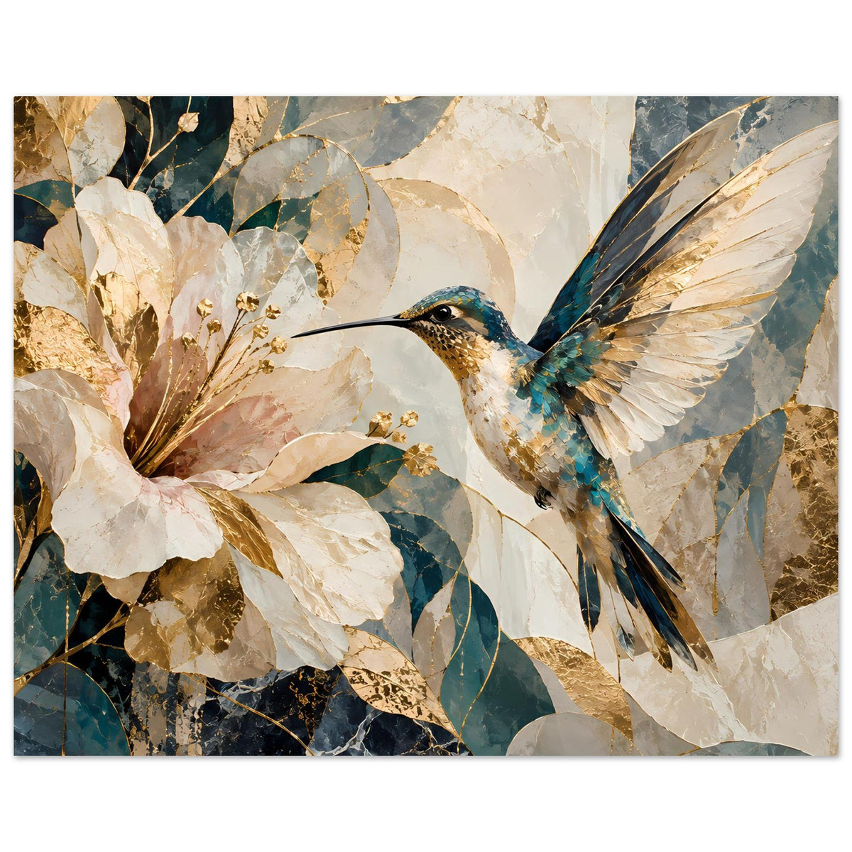 Kunstposter mit Kolibri und Blumenblüten, marmorierter Hintergrund in Blau und Gold, Querformat