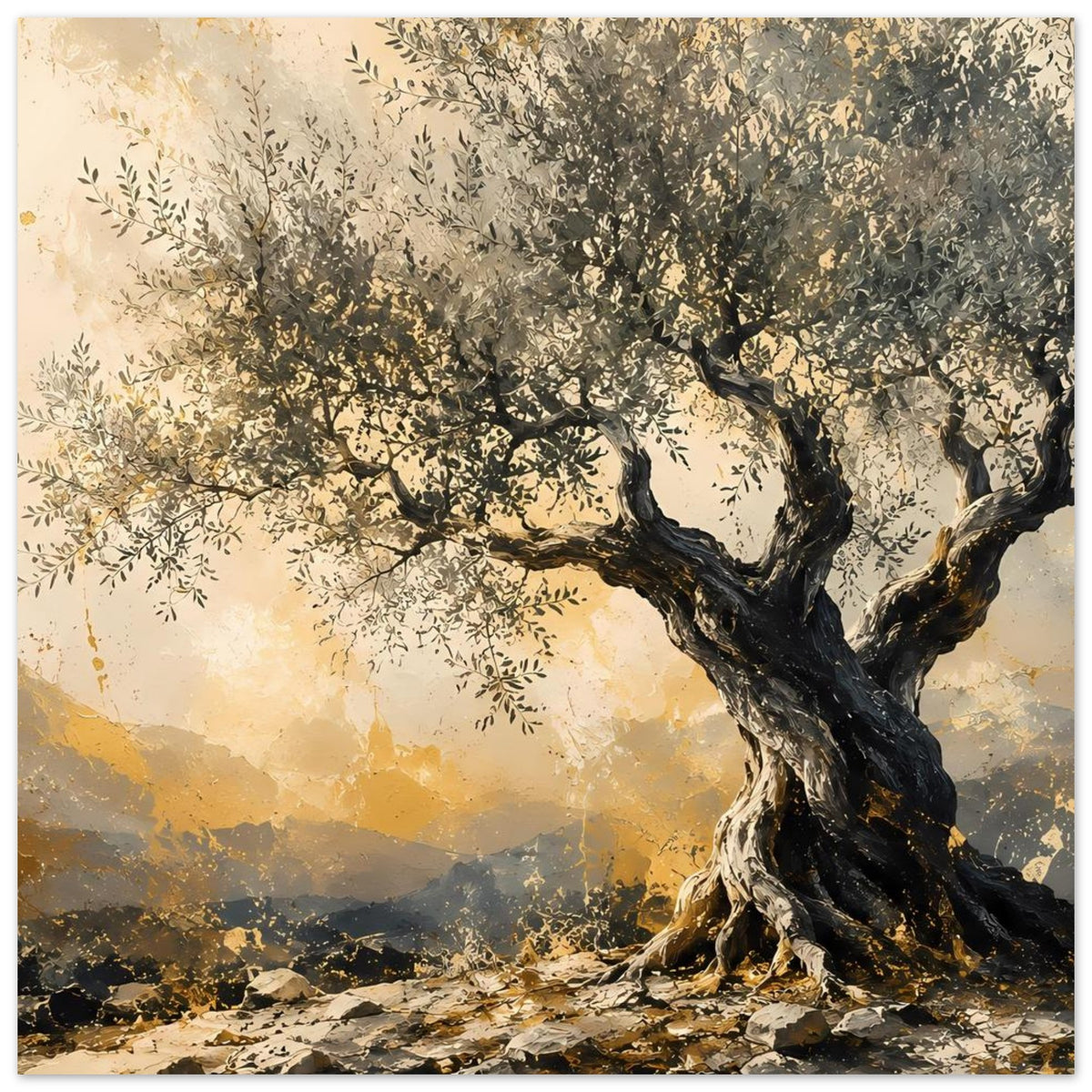 Poster mit Olivenbaum und ausladenden Ästen, goldene Morgenstimmung und felsiger Boden