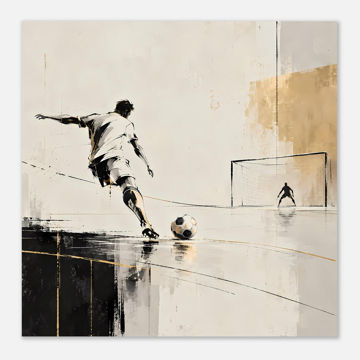 Querformatiges Fußballposter: laufender Spieler in Weiß, Ball am Boden, Tor und Schützenposition