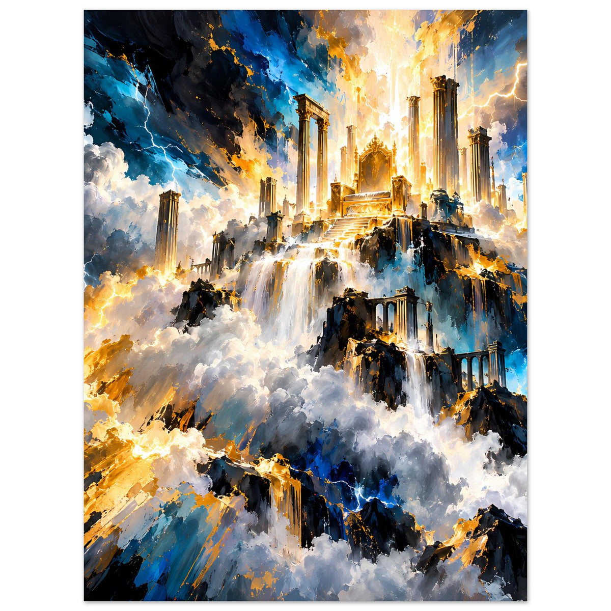 Fantasy-Poster mit Ruinen, Wasserfällen und goldenem Licht in blauem Gewitterhimmel