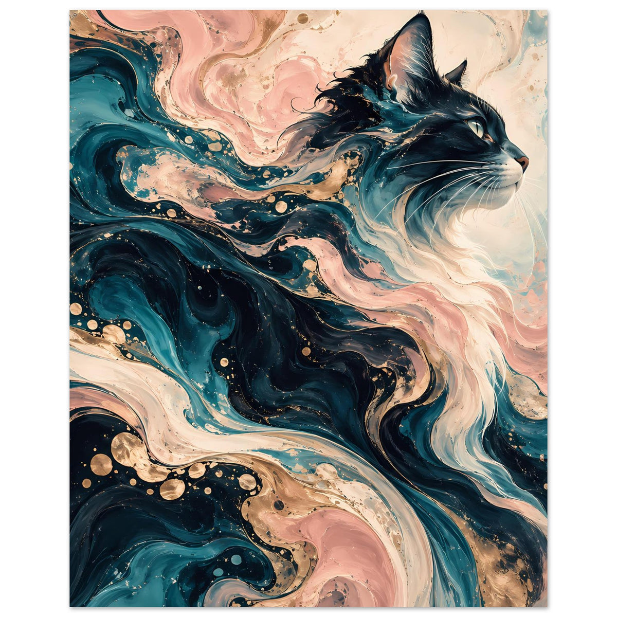 Abstraktes Poster im Hochformat mit schwarzer Katze und pastellfarbenen Strudeln