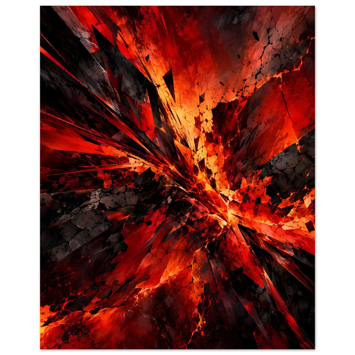 Kunstposter im Hochformat mit explosivem Strahlenmuster in Rot, Schwarz und Orange