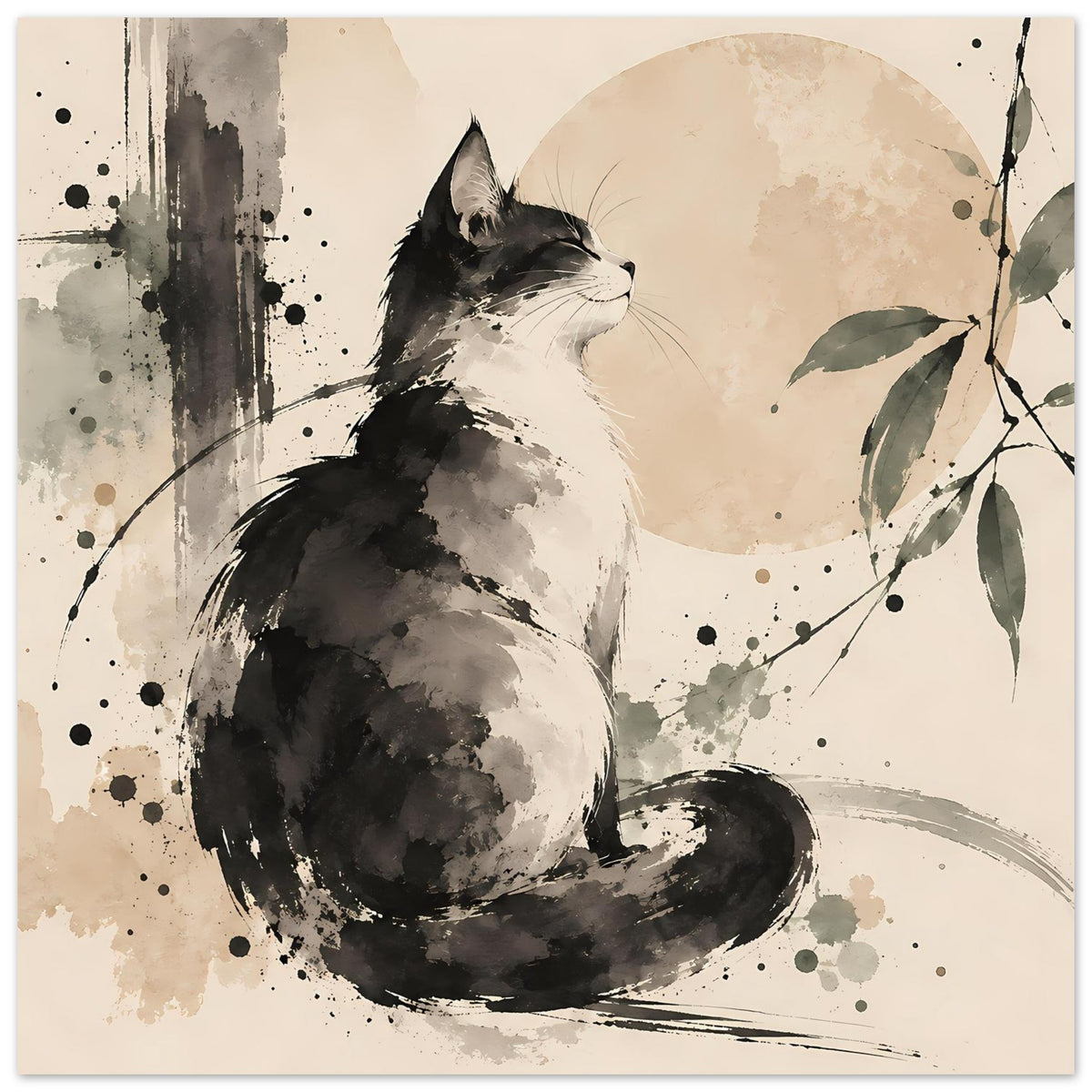 Poster: sitzende Katze in Schwarz/Grau, aquarellartiges Design, beiger Hintergrund mit Blättern