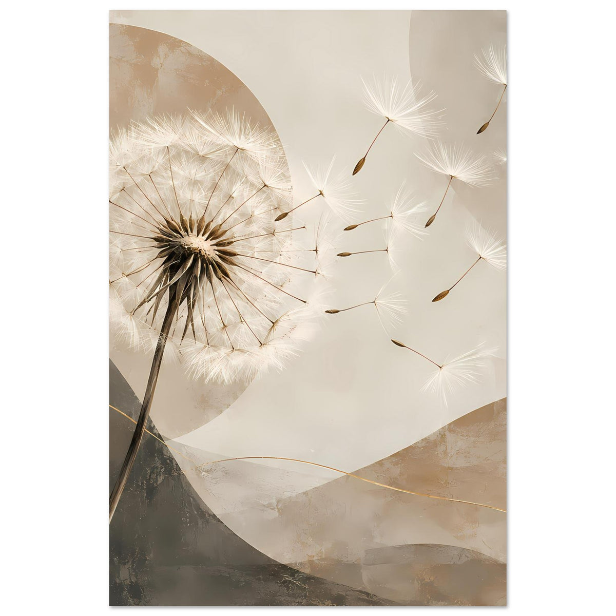 Dandellion-Passer Poster: große Pusteblume links, kleine Samen im rechten Bereich