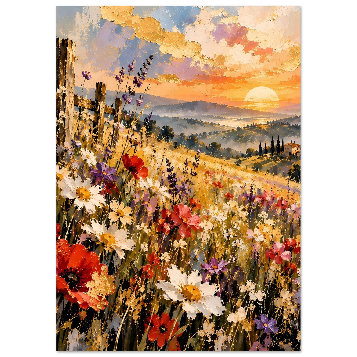 Landschaftsposter mit Blumenwiese und Mohnblumen, Abendhimmel und Sonne über dem Tal