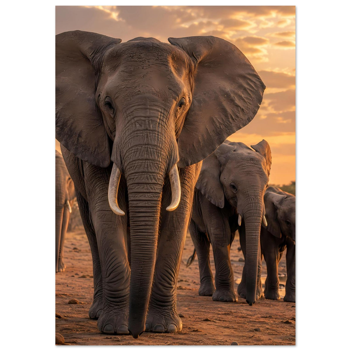 Wandposter mit Elefantenherde: großer graubrauner Elefant vorn, mehrere Tiere folgen dahinter.