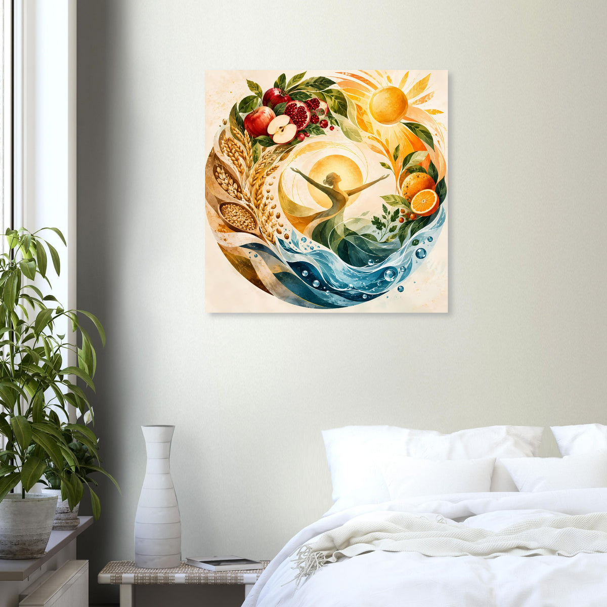 Quadratisches Naturposter mit Sonne, Ähren und Früchten, blaues Wellenband