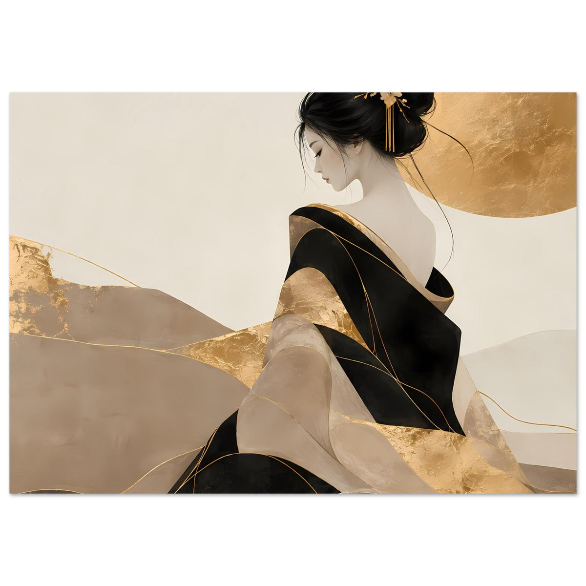 Elegantes Kunstposter: Frau im Profil mit schwarzem Kleid und goldenen Akzenten