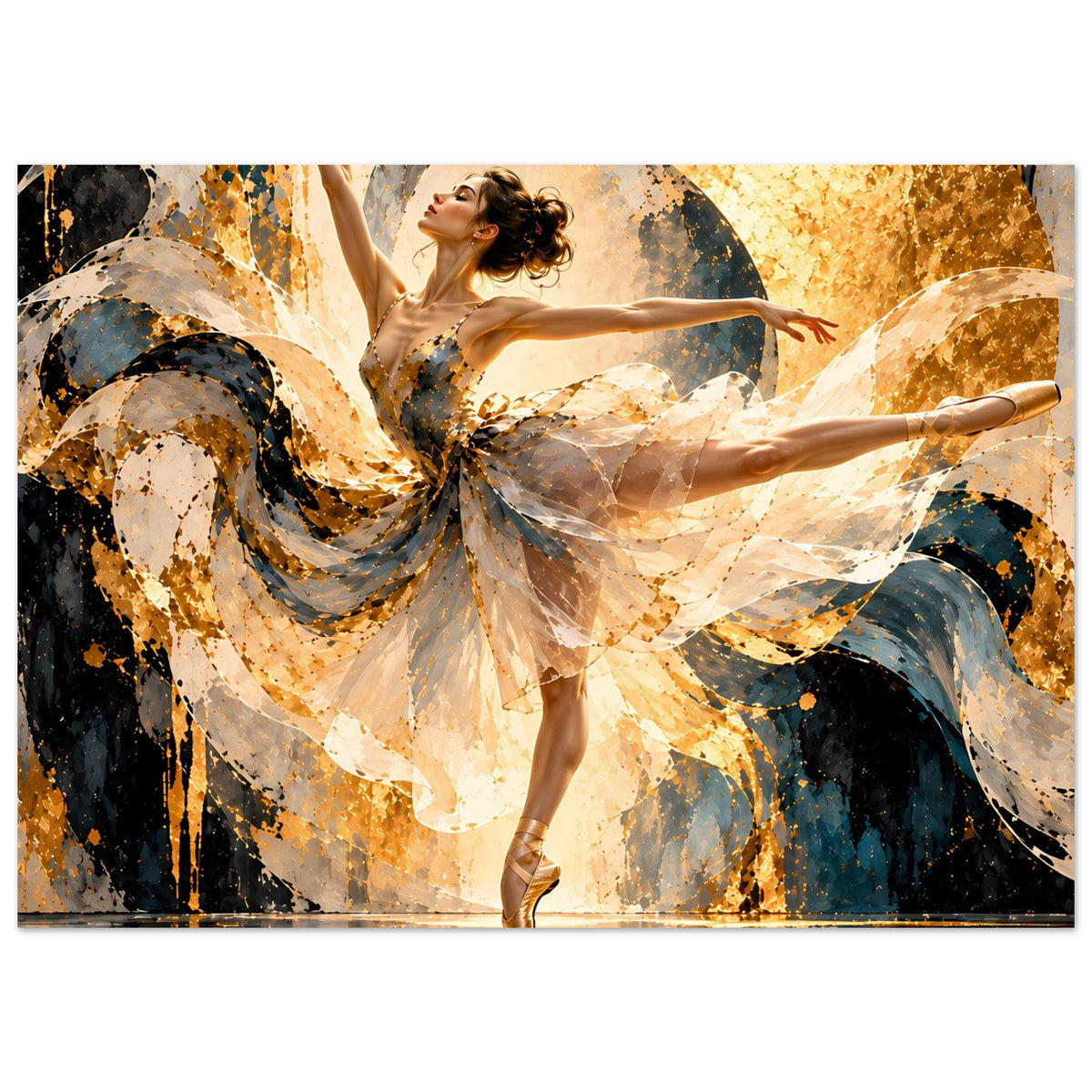 Horizontales Ballett-Poster: Ballerina auf der Zehenspitze, dramatischer Schwingenrock