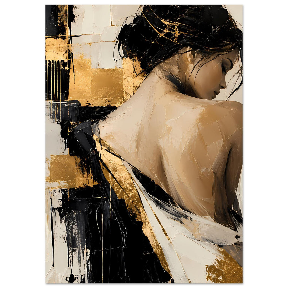 Abstraktes Damenportrait-Poster, vertikale Ansicht: Seitenblick einer Frau in Beige, Gold und Dunkel