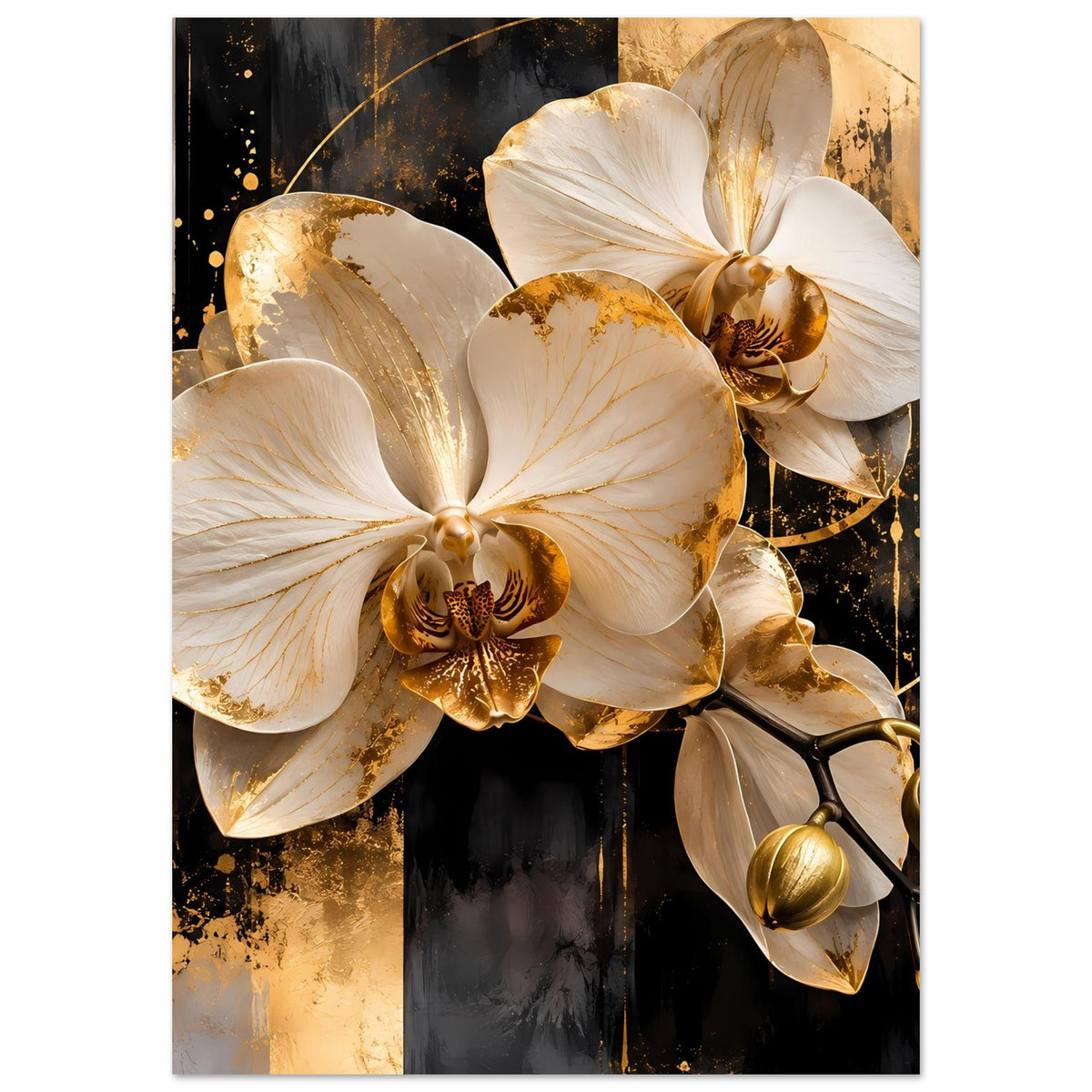 Vertikales Poster mit weißen Orchideenblüten und goldenen Akzenten, klarer Blumenfokus