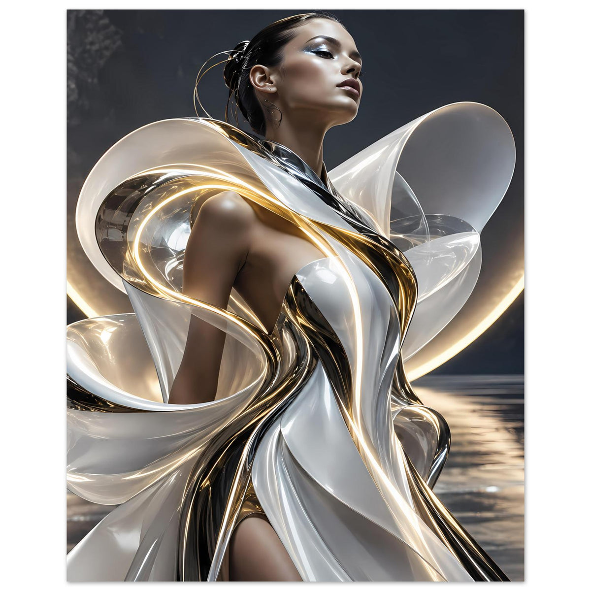 Abstraktes Poster mit Frau in silbernem Metallwirbelkleid, goldfarbene Lichtkanten