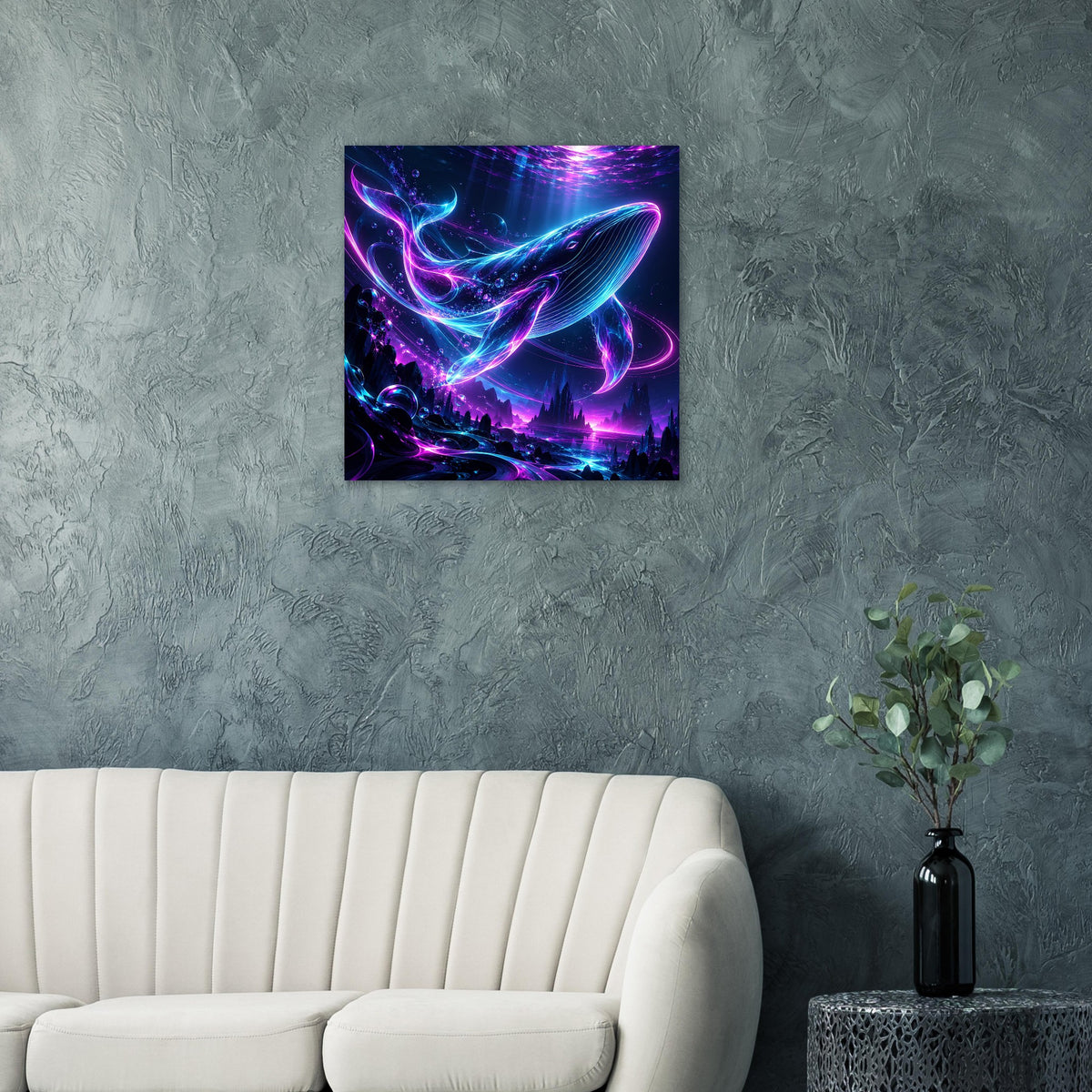 Quadratisches Poster mit Neon-Wal in Blau und Pink, dynamische Unterwasserwellen, schwarz gerahmt