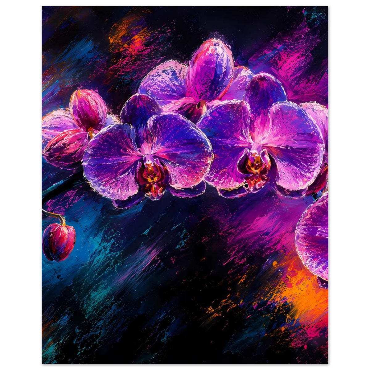 Poster mit Orchideen in leuchtendem Violett und Pink auf dunklem abstraktem Hintergrund