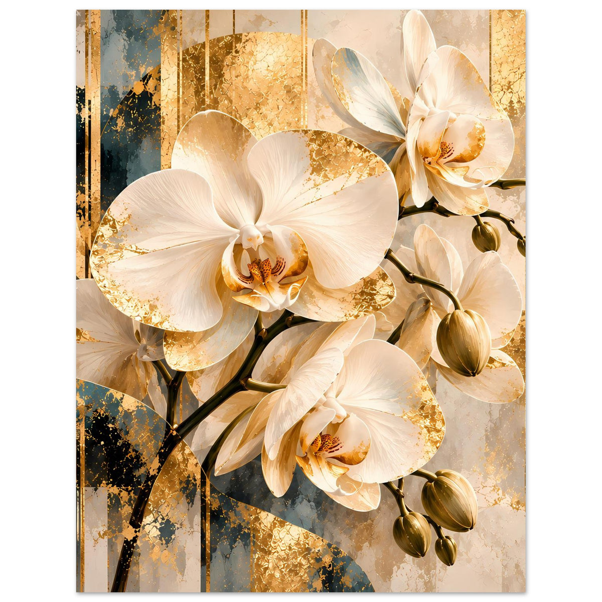 Orchideen-Wandposter mit weißen Blüten und goldenen Glitzerstellen, leichte Kreis-Optik im Motiv