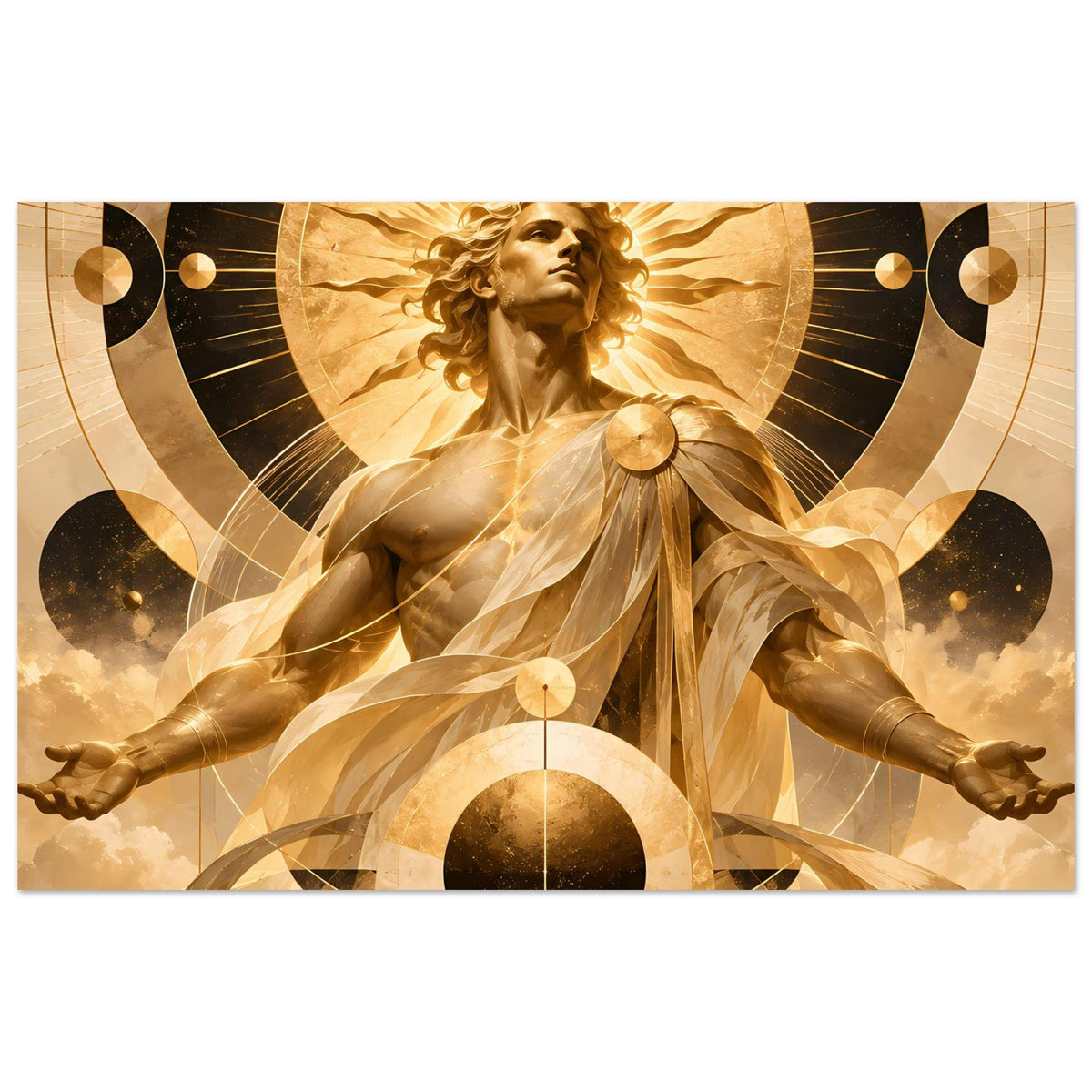 Poster mit goldener Engel-Figur in Strahlenkranz, wehender Robe und Kreisornamenten