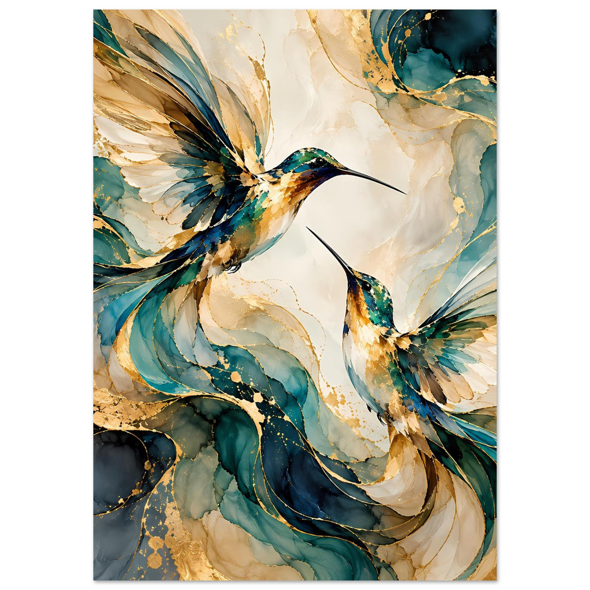 Vogelposter mit Kolibri-Paar, Aquarellfedern in Blau, Gold und Creme