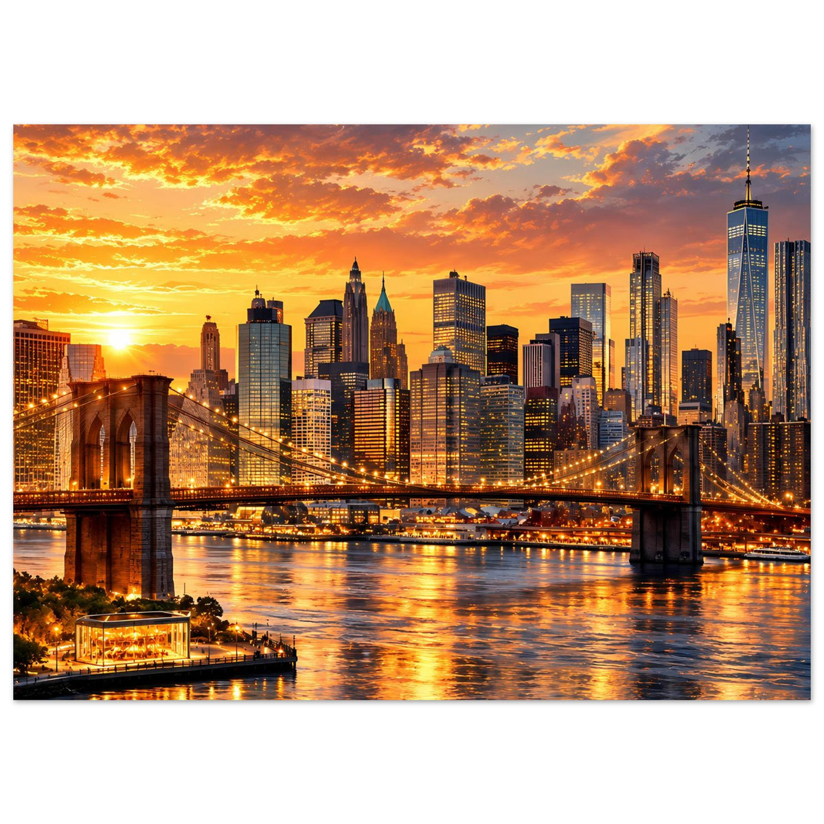 Querformat-Poster mit New York Skyline, Brücke über Wasser und orangefarbenem Sonnenuntergang