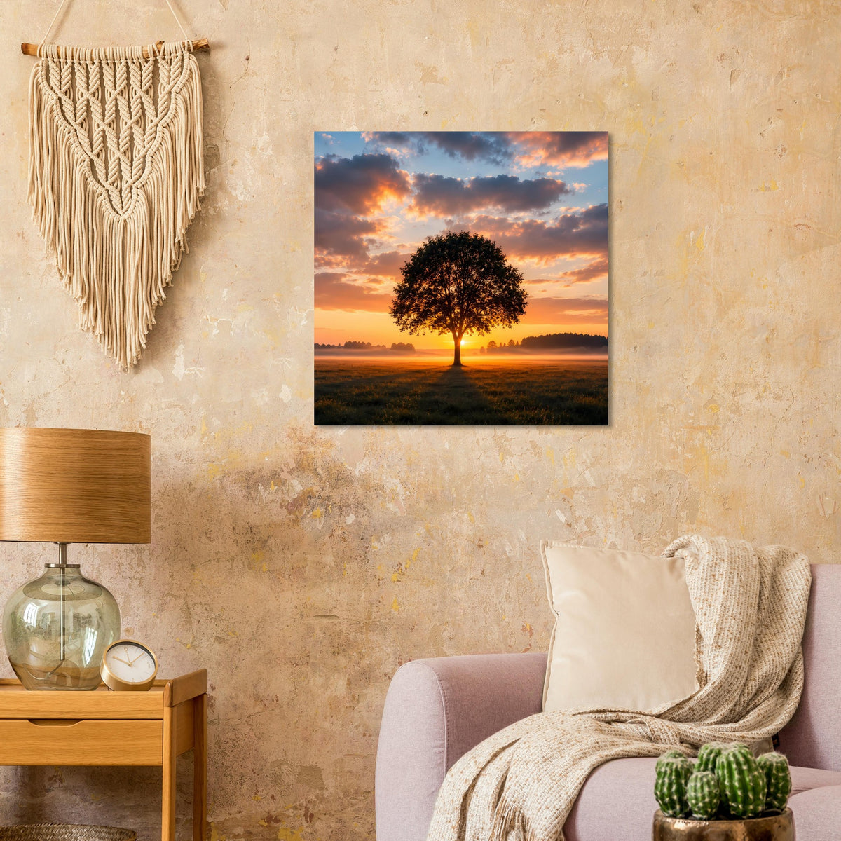 Quadratisches Poster mit Baum im Abendlicht über Feldern, schwarzer Rahmen