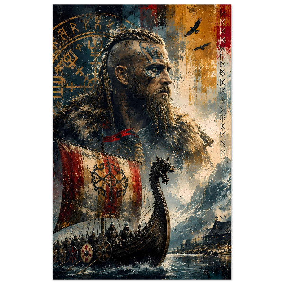 Vikinger-Poster im Hochformat mit Kriegerprofil, Langschiff, Runen und Segeln