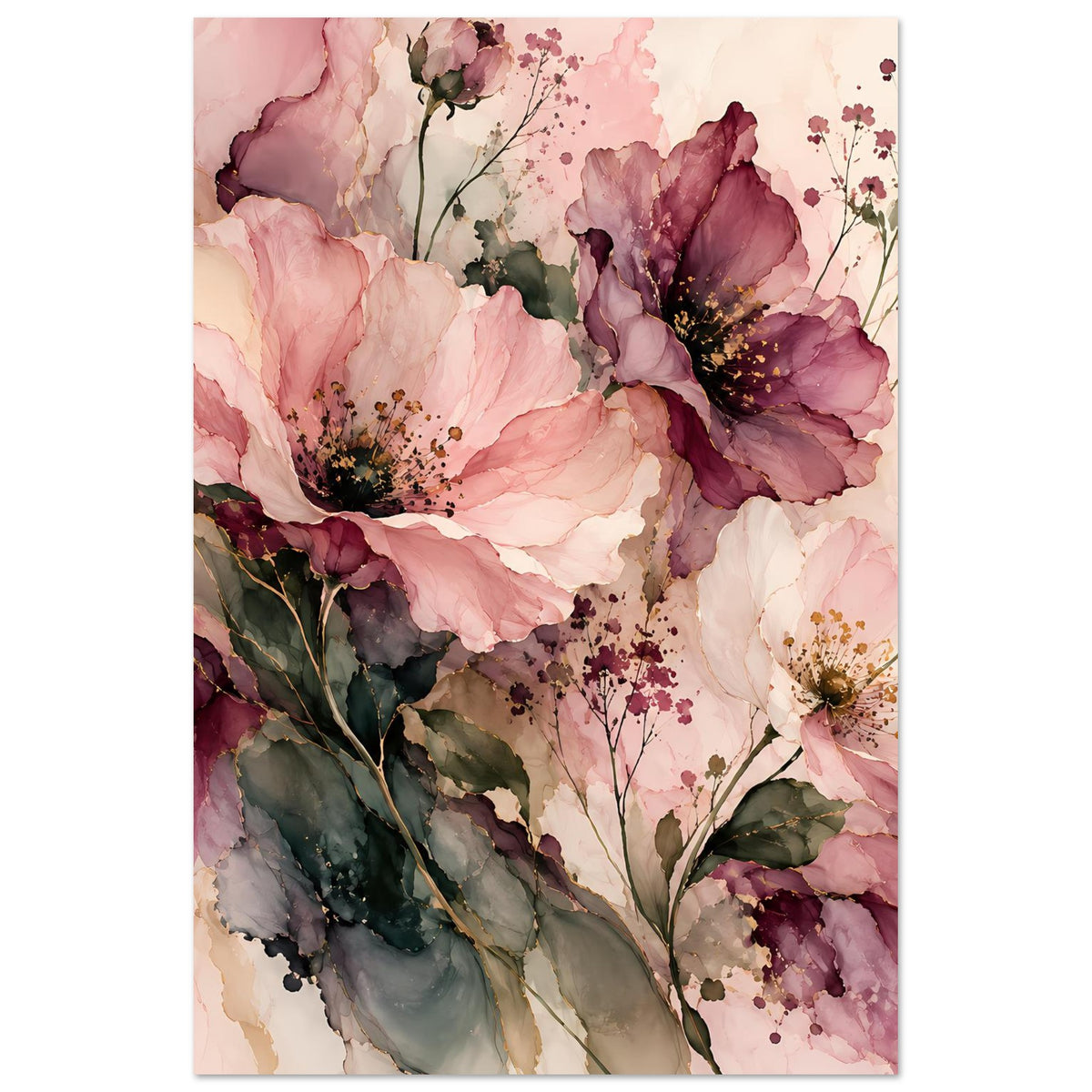 Blumenposter im Hochformat mit großen rosa Blüten und dunklen Burgunderakzenten